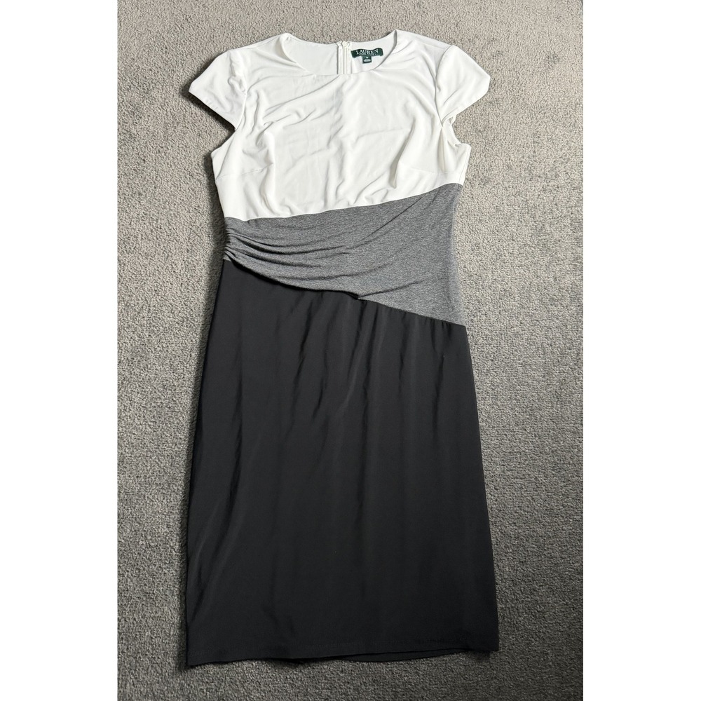 Lauren Ralph Lauren Colorblock Ruched Sheath Dress White Grey Black Size 12